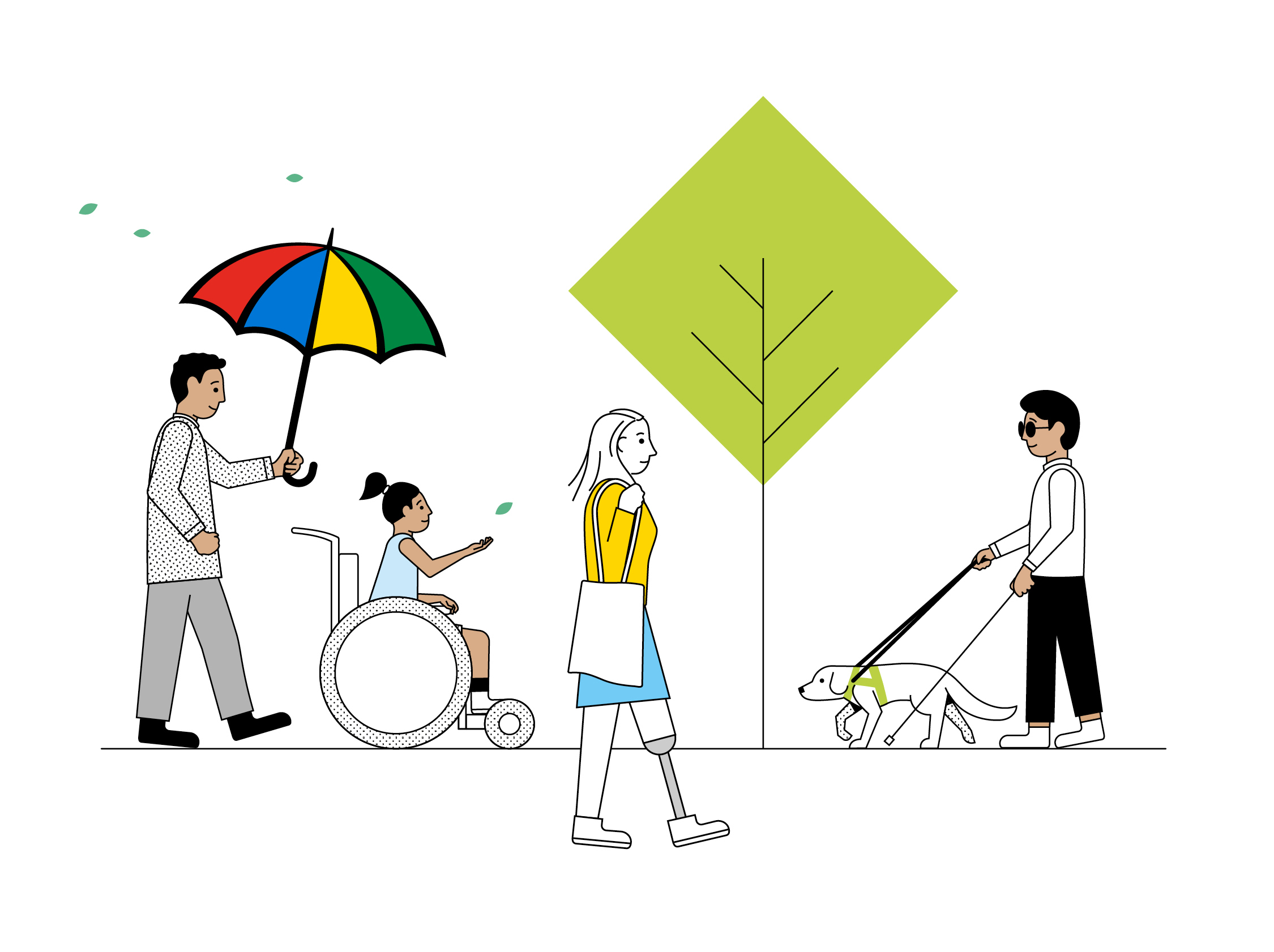 Illustration of person walking with rainbow umbrella, person in a wheelchair and someone with a guide dog