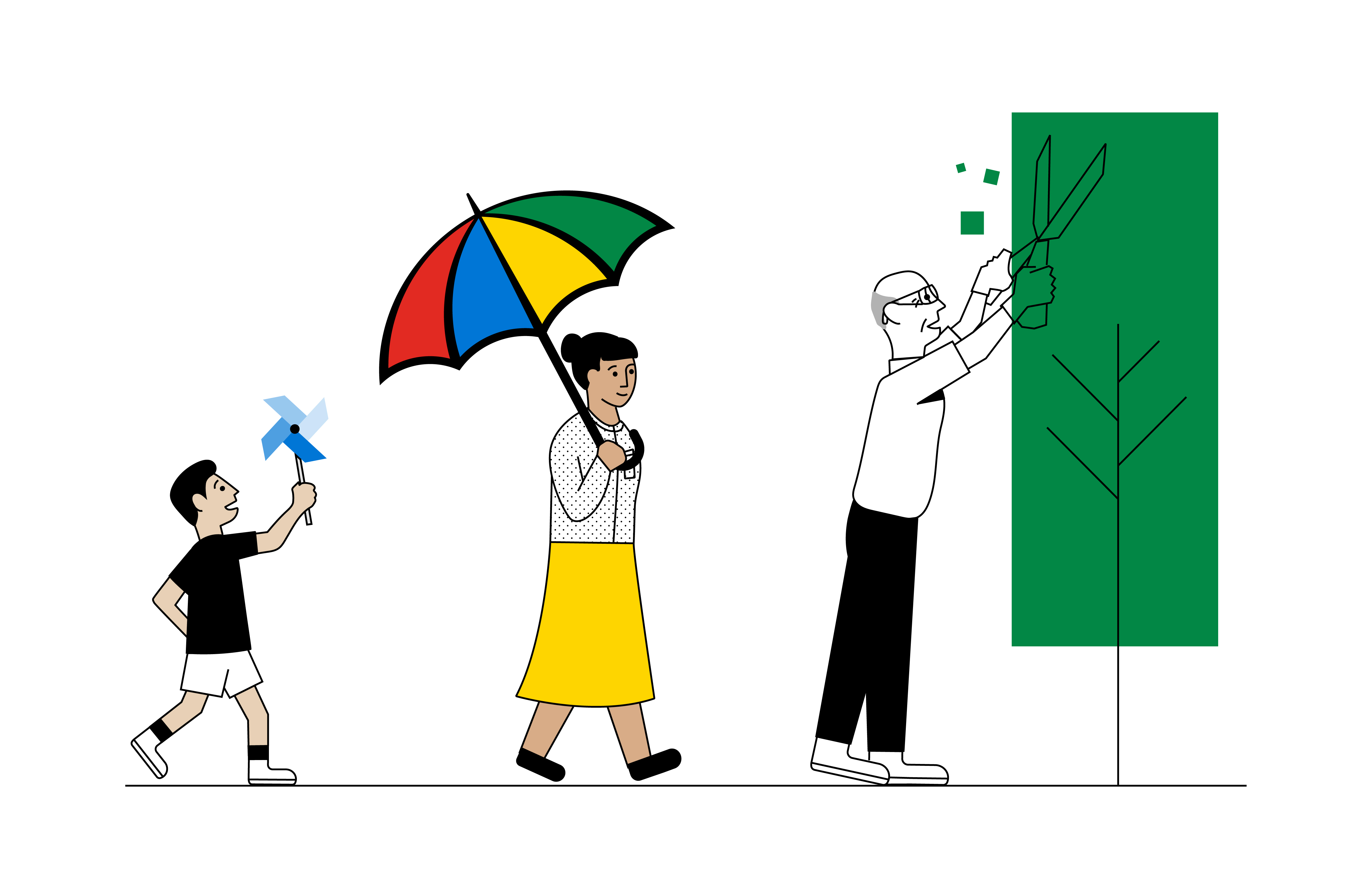 Illustration of child, woman with rainbow umbrella and a man cutting a tree