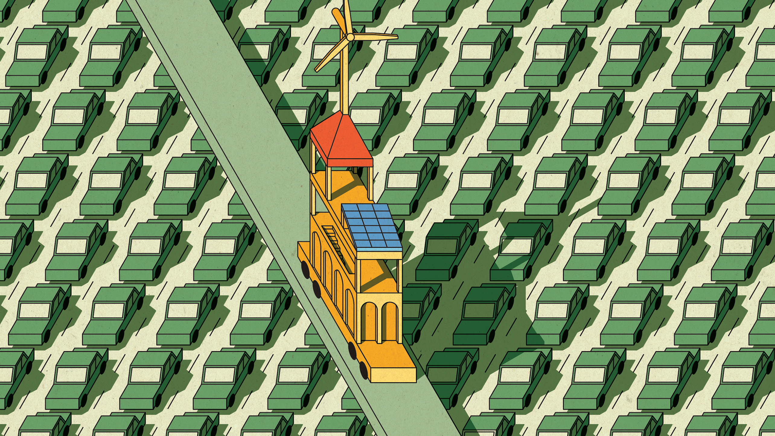 Illustration of windmill on a backdrop of green cars