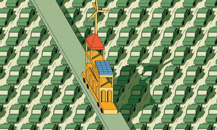 Illustration of windmill on a backdrop of green cars