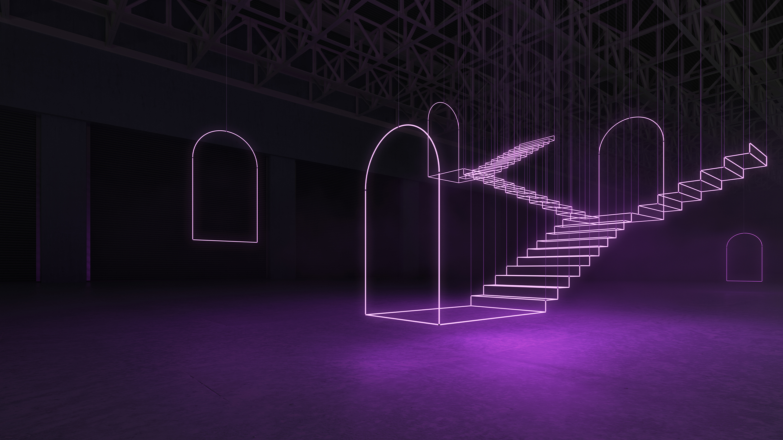 abstract neon light door and staircase
