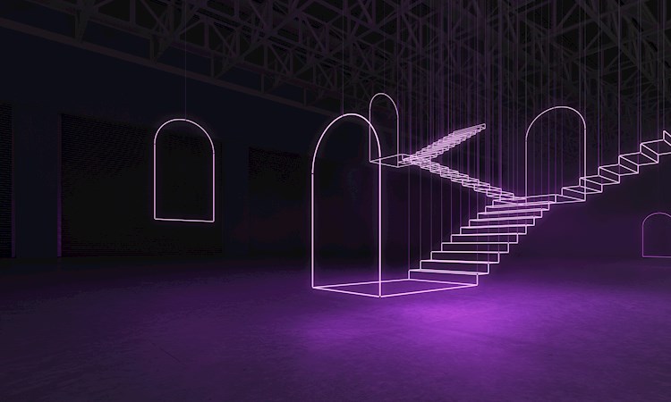 abstract neon light door and staircase