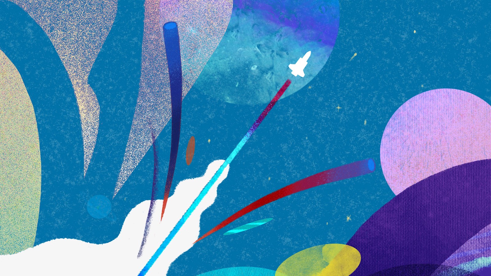 Illustration of rocket tacking off and planets on colourful background