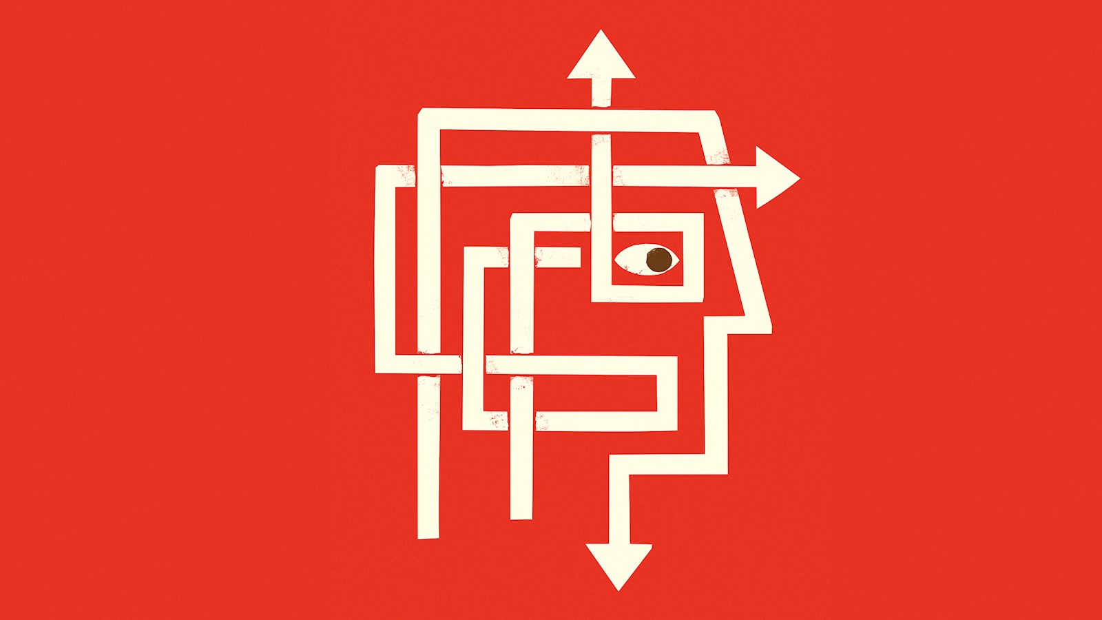Outline of a face made out of arrows on red background