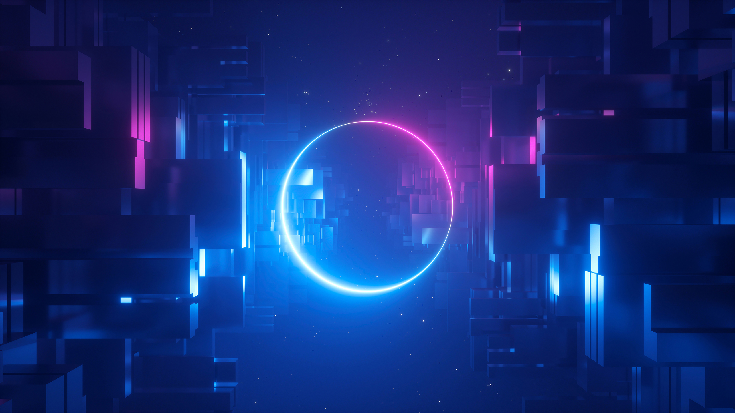 3d render, abstract futuristic background, neon light, glowing ring, circle, blank round frame, copy space, cosmos.