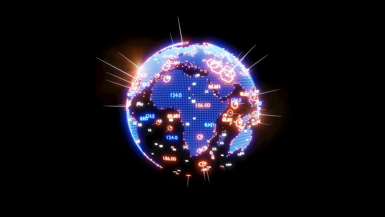 Graphic image of earth with countries and figures marked on in lights