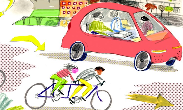 Illustration of people riding a bike next to people in a car