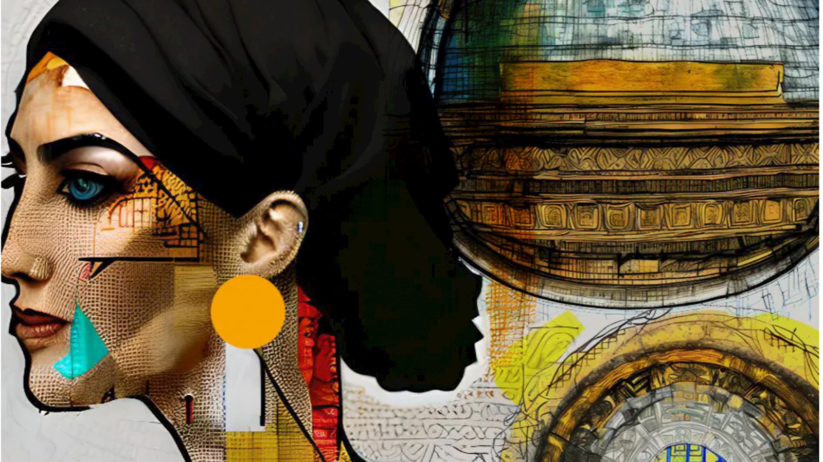 Profile of woman in collage-style 