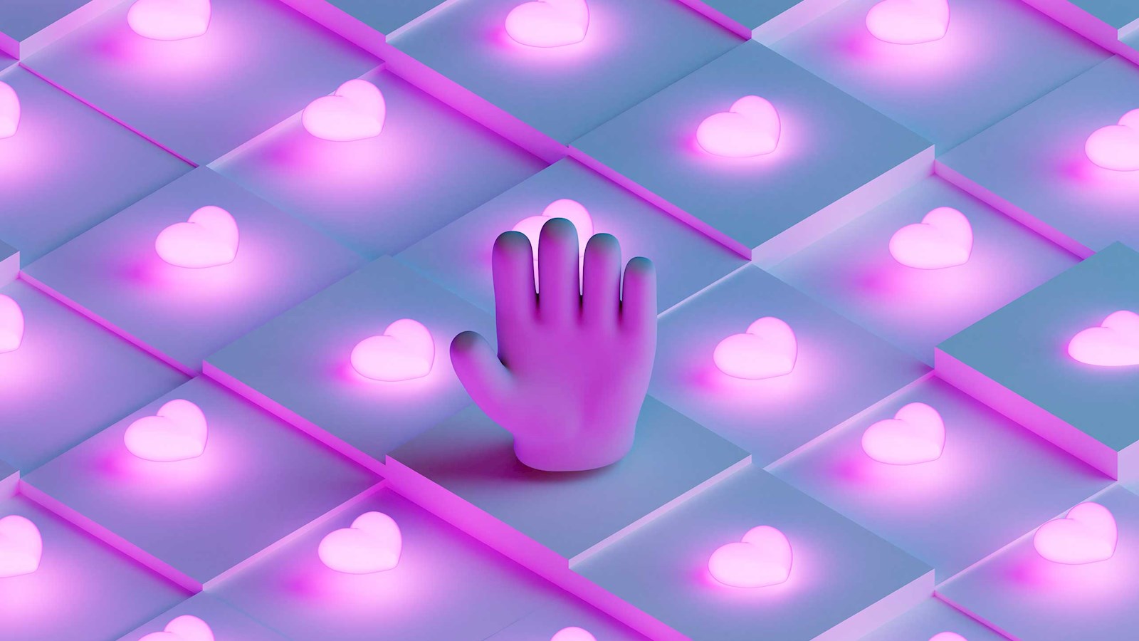 A pink hand surrounded by light-up love hearts