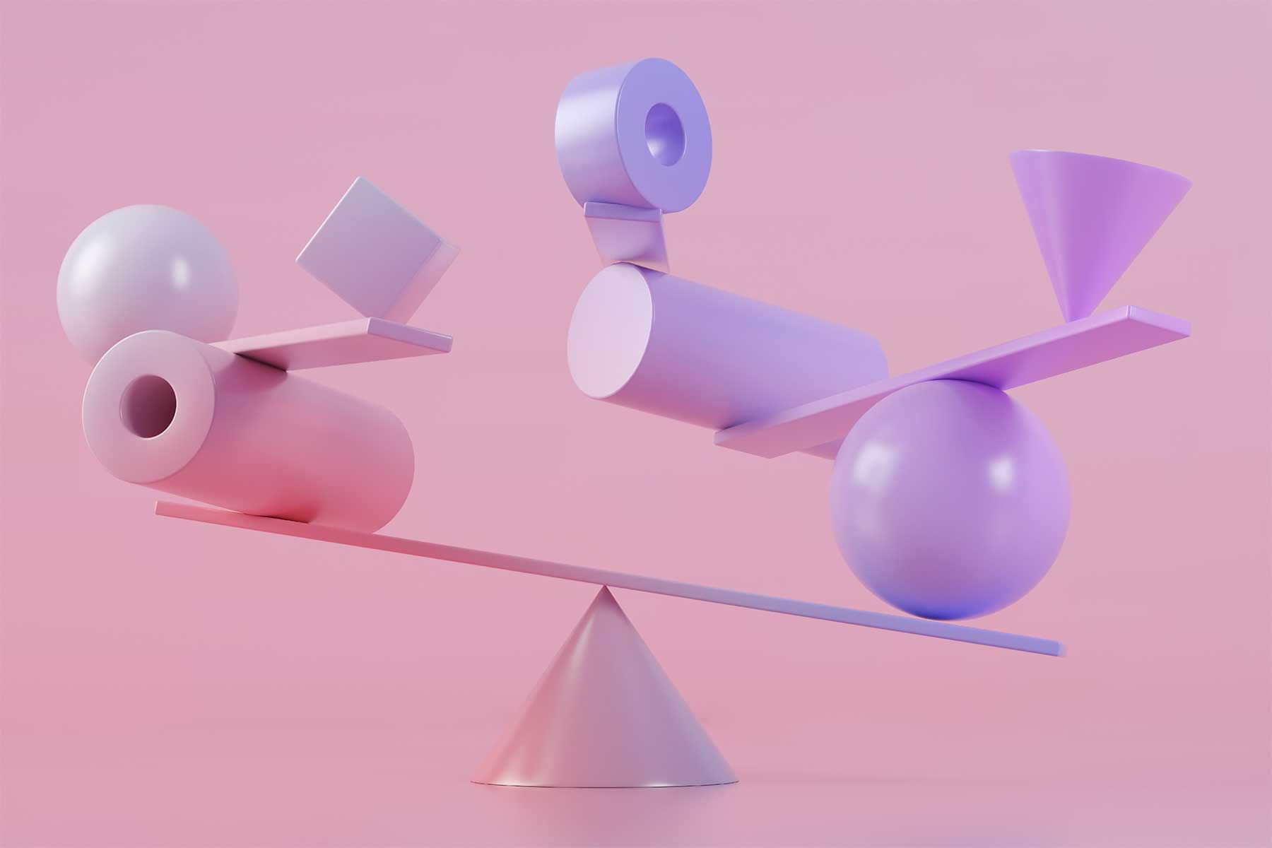Abstract pink 3D shapes on a see saw