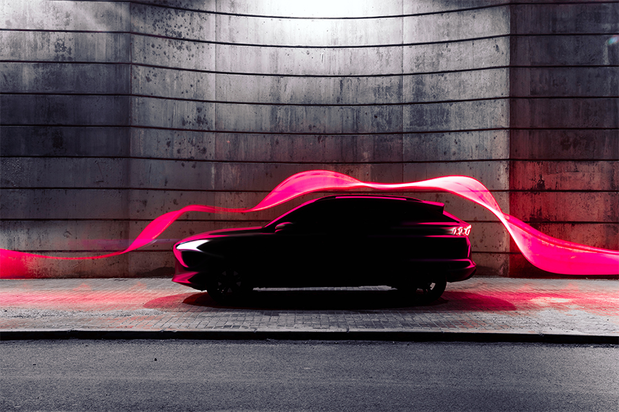 Modern car with futuristic aerodynamic red light trail flowing