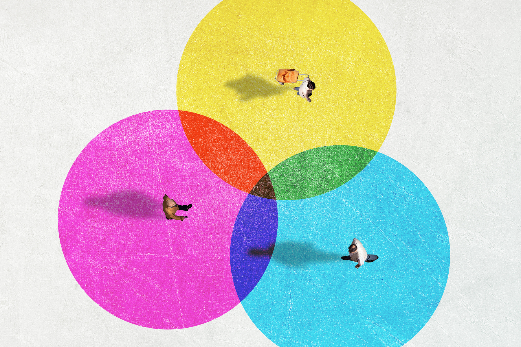 People from above inside colourful circles