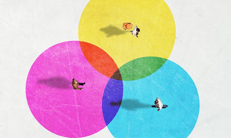 People from above inside colourful circles