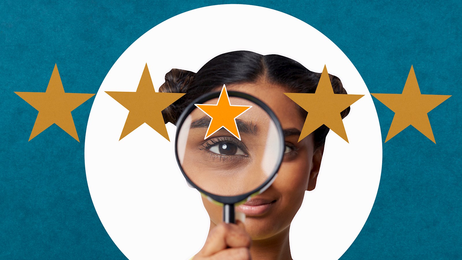 Woman holding magnifying glass to five stars