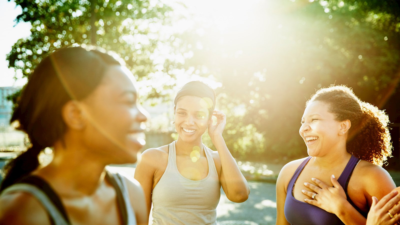 Friends laughing together after morning run