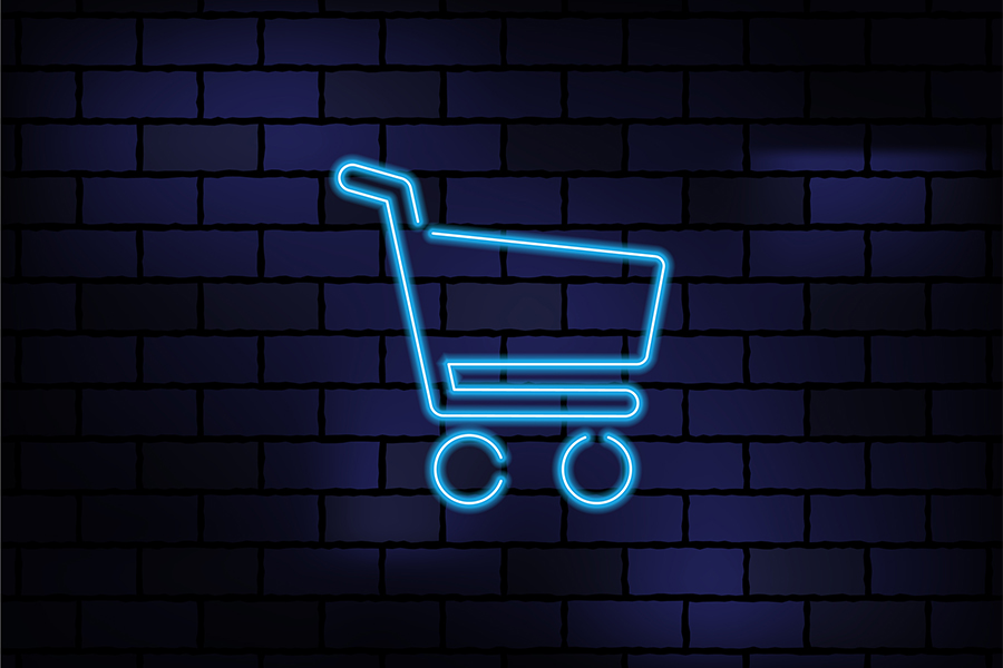 Online Shopping Sign Blue Neon Light On Dark Brick Wall