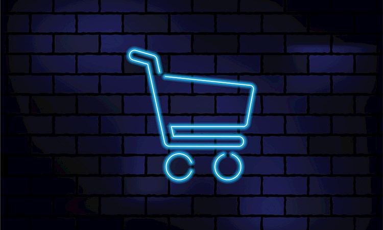Online Shopping Sign Blue Neon Light On Dark Brick Wall