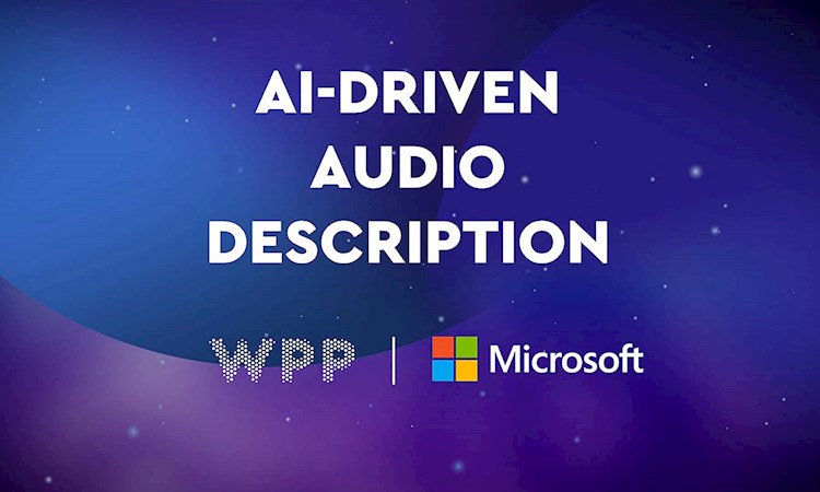 White text reading 'AI-driven audio description' with WPP and Microsoft logos on a blue and purple background 