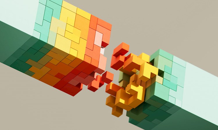 Digitally generated image of futuristic cubes, digital data flowing and network structure.