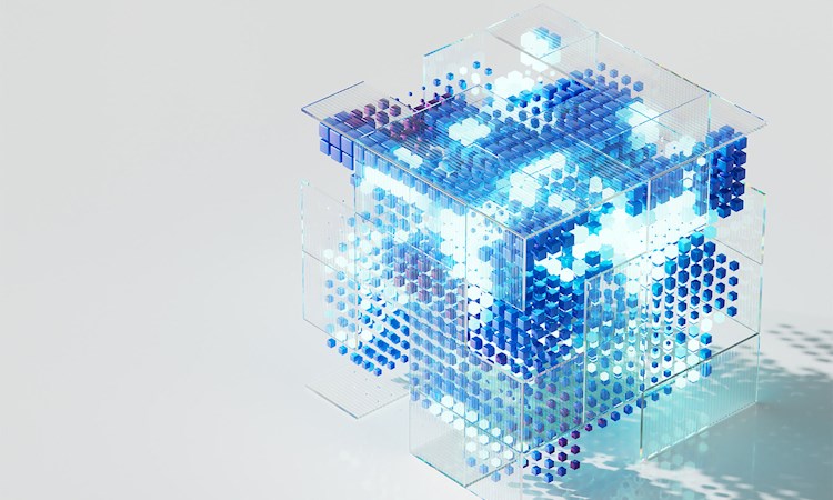 Abstract transparent cube filled with small blue cubes