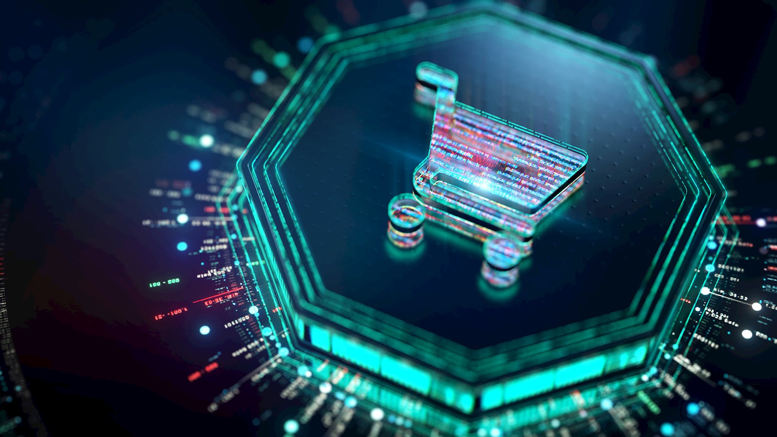 CGI 3D render of a shopping cart icon with holographic code