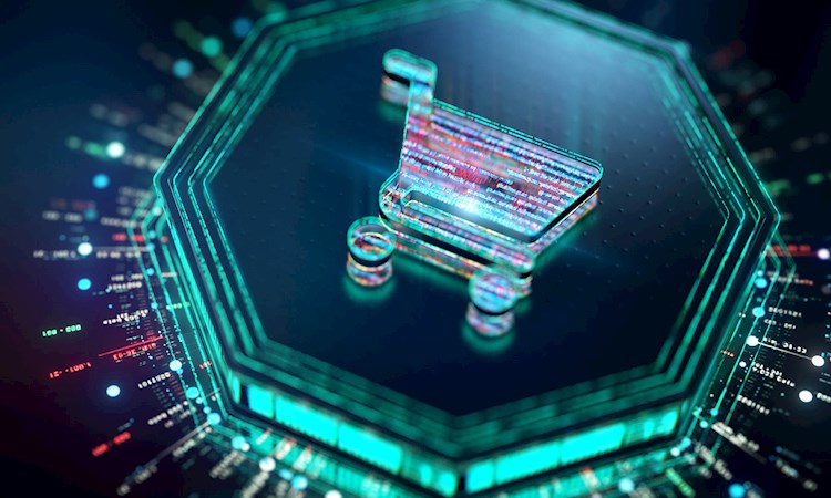 CGI 3D render of a shopping cart icon with holographic code