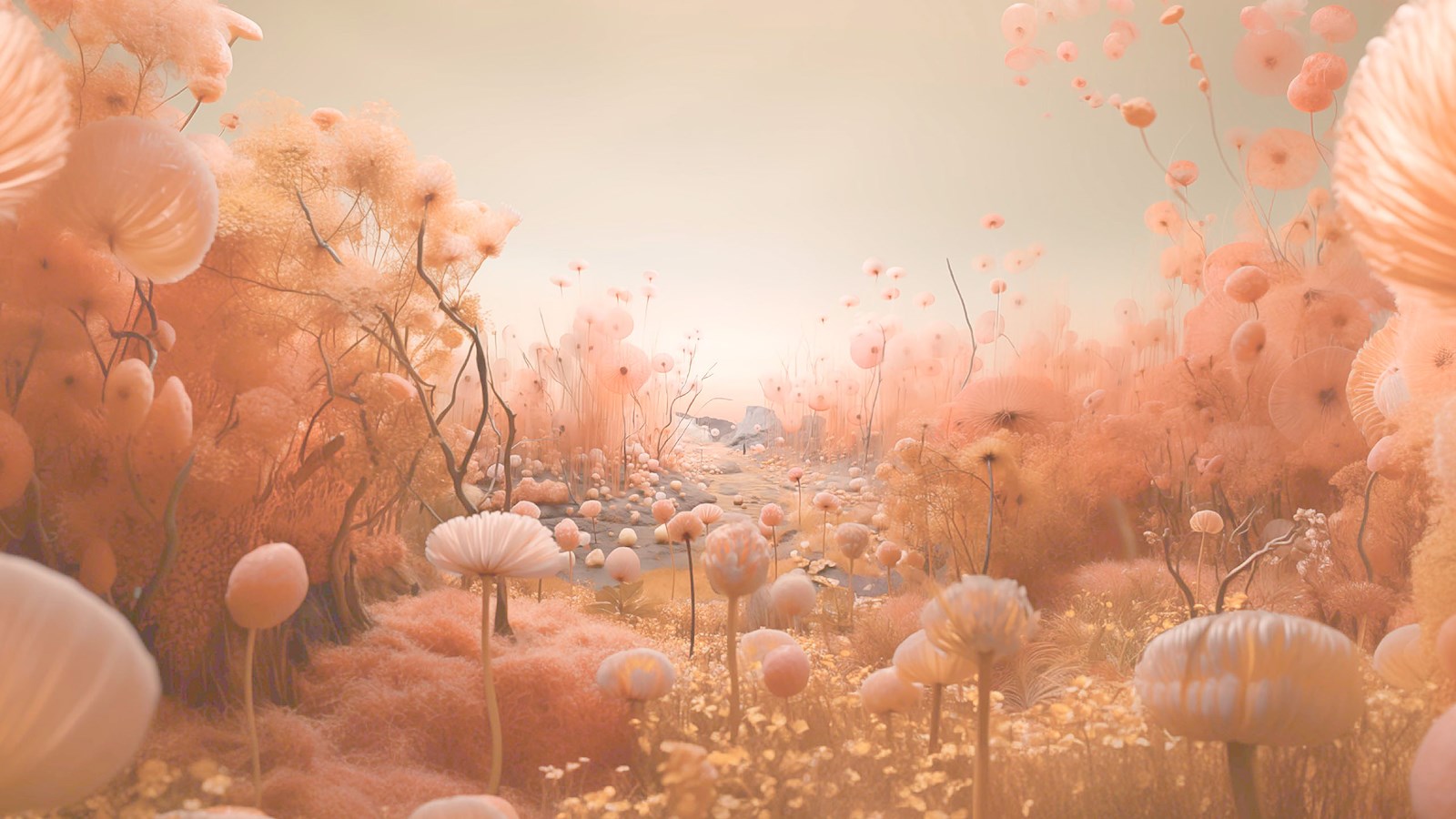 Path of flowers the colour of Peach Fuzz, Pantone Color of the Year 2024
