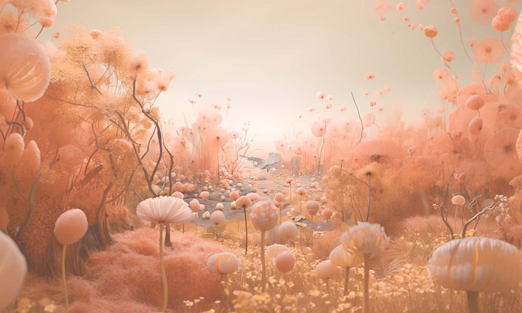 Path of flowers the colour of Peach Fuzz, Pantone Color of the Year 2024