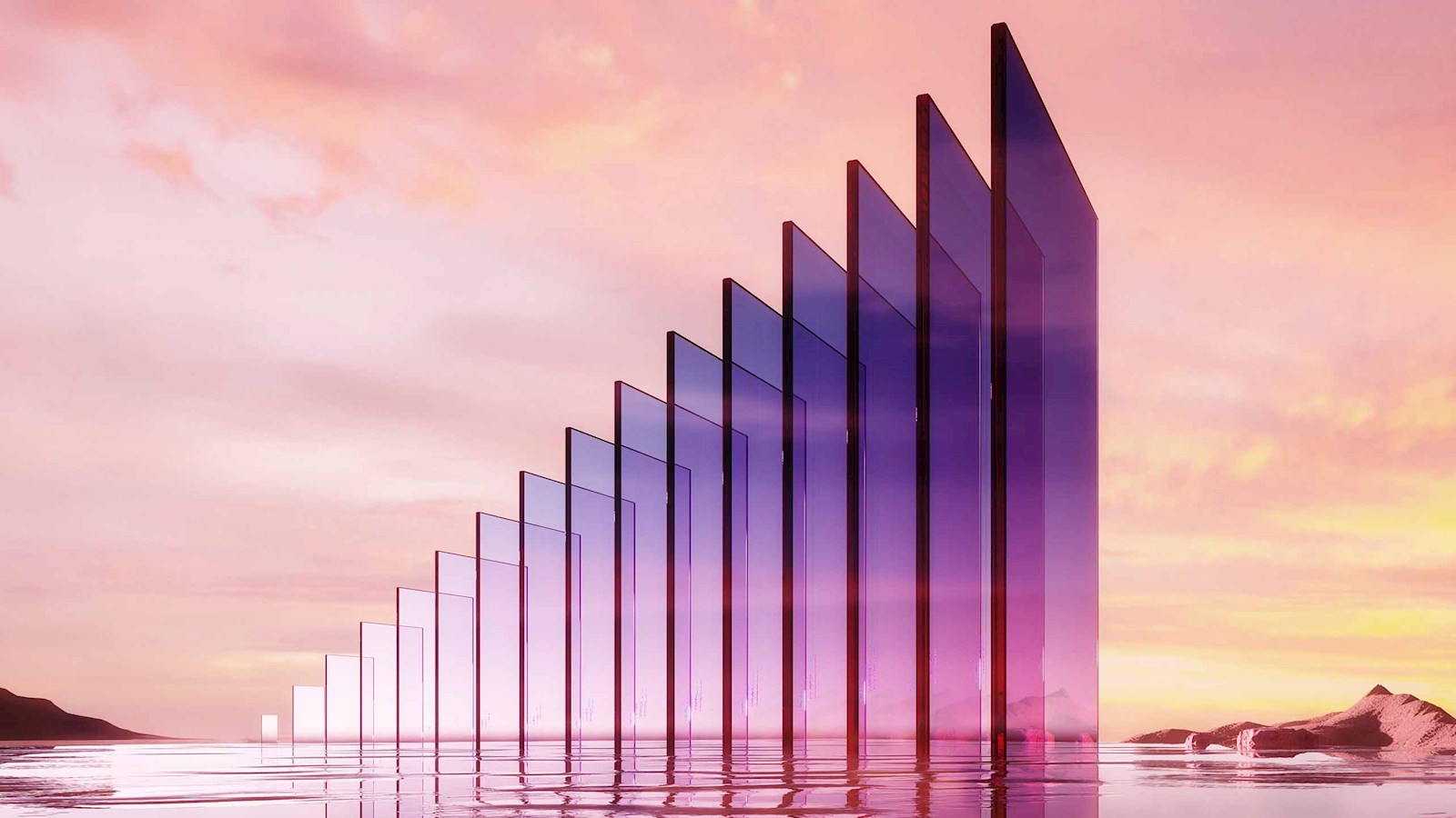 Purple perspex panels growing in size from small to large, with a sunset in the background and water reflection in the foreground