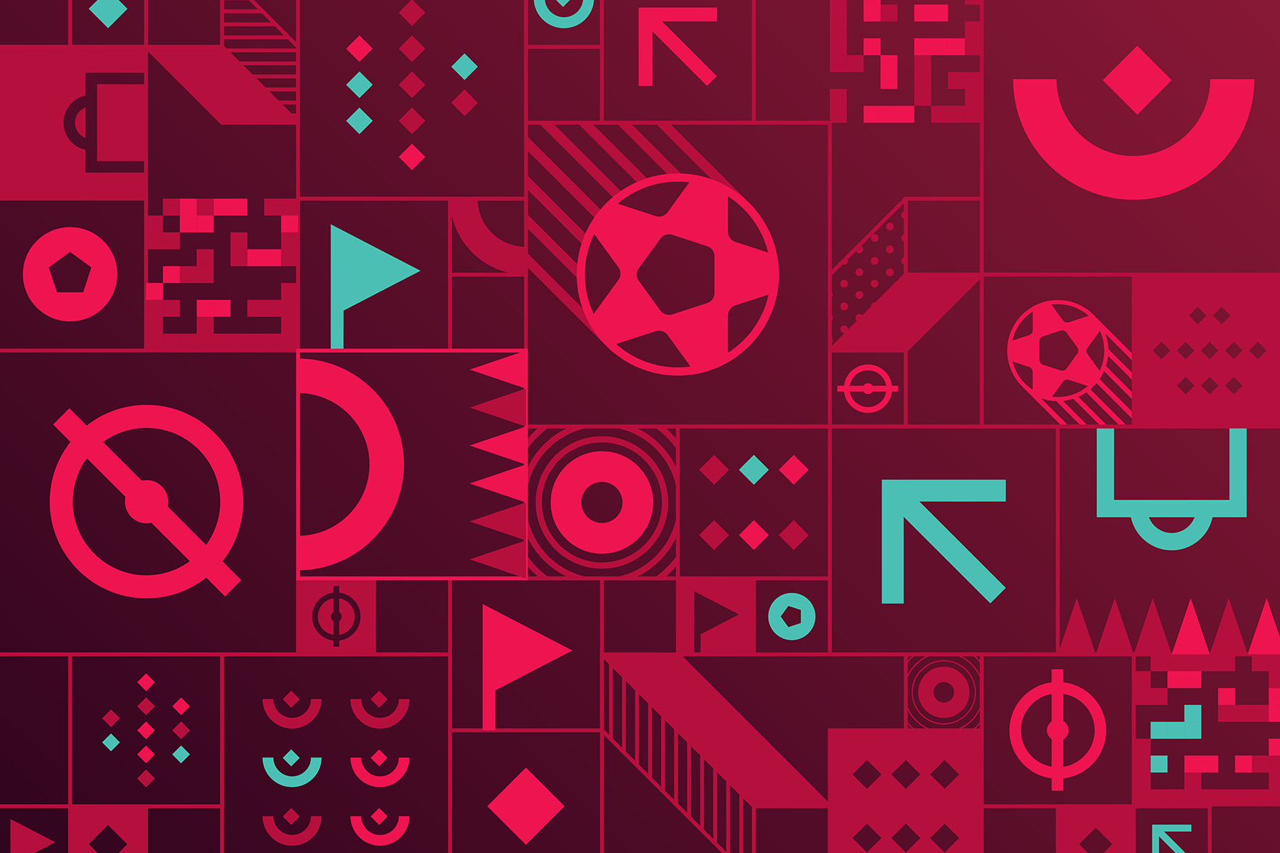 Red and turquoise graphic with footballs and icons