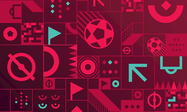 Red and turquoise graphic with footballs and icons