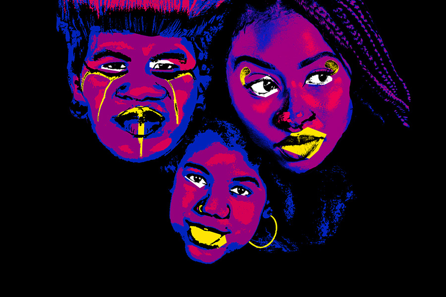 Three illustrated faces on a black background