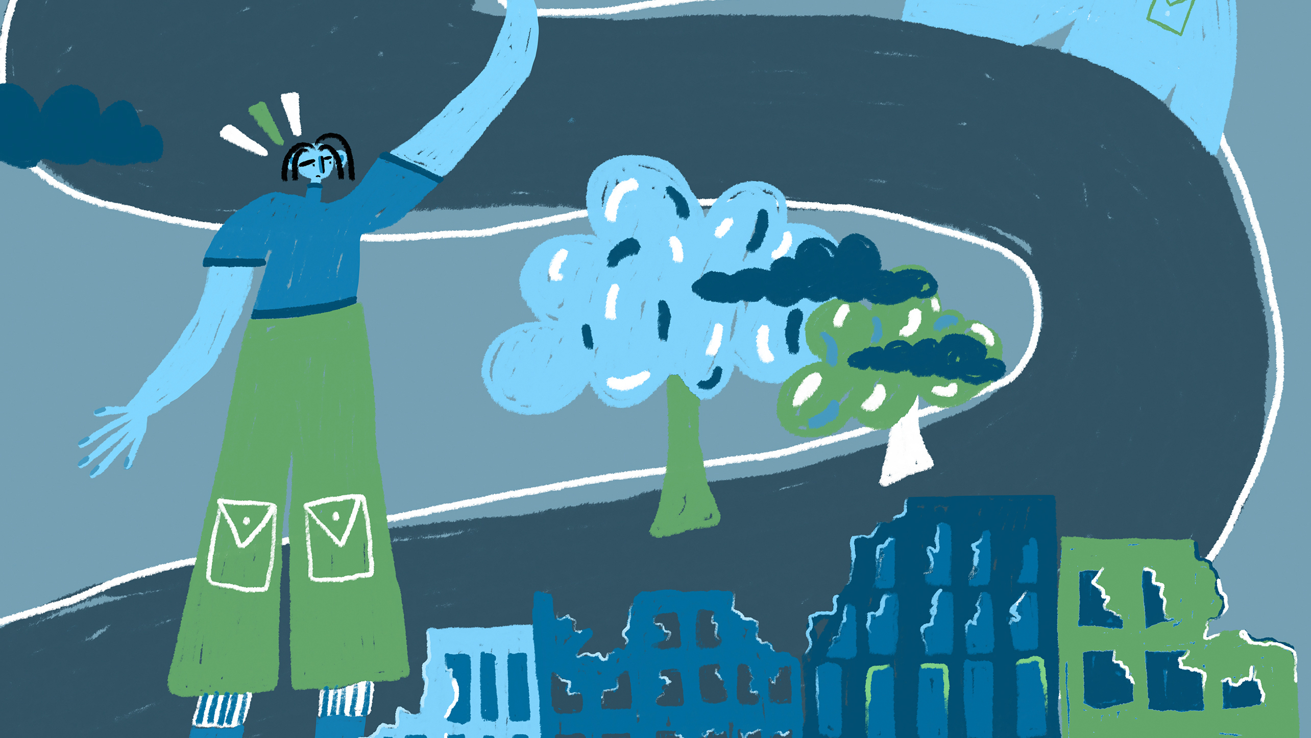 Illustration of person, buildings that have been damaged and trees all in blue, green and grey 