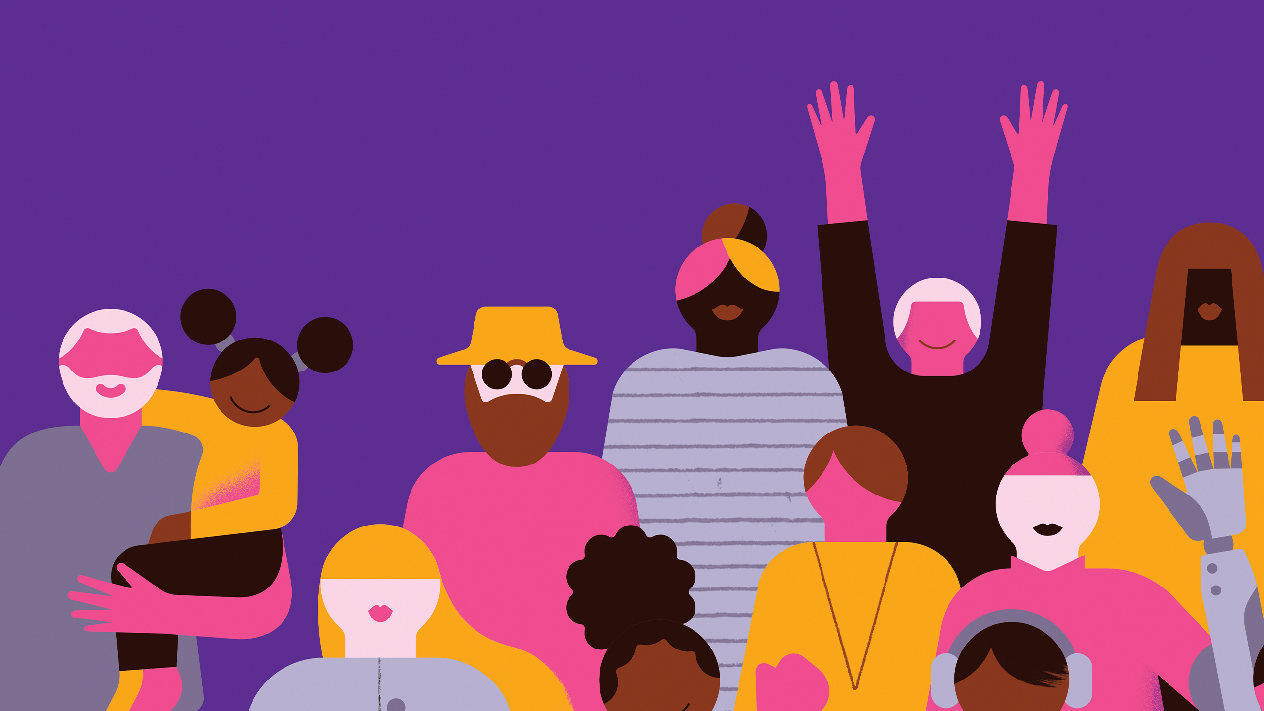 Illustration of group of diverse people on purple background