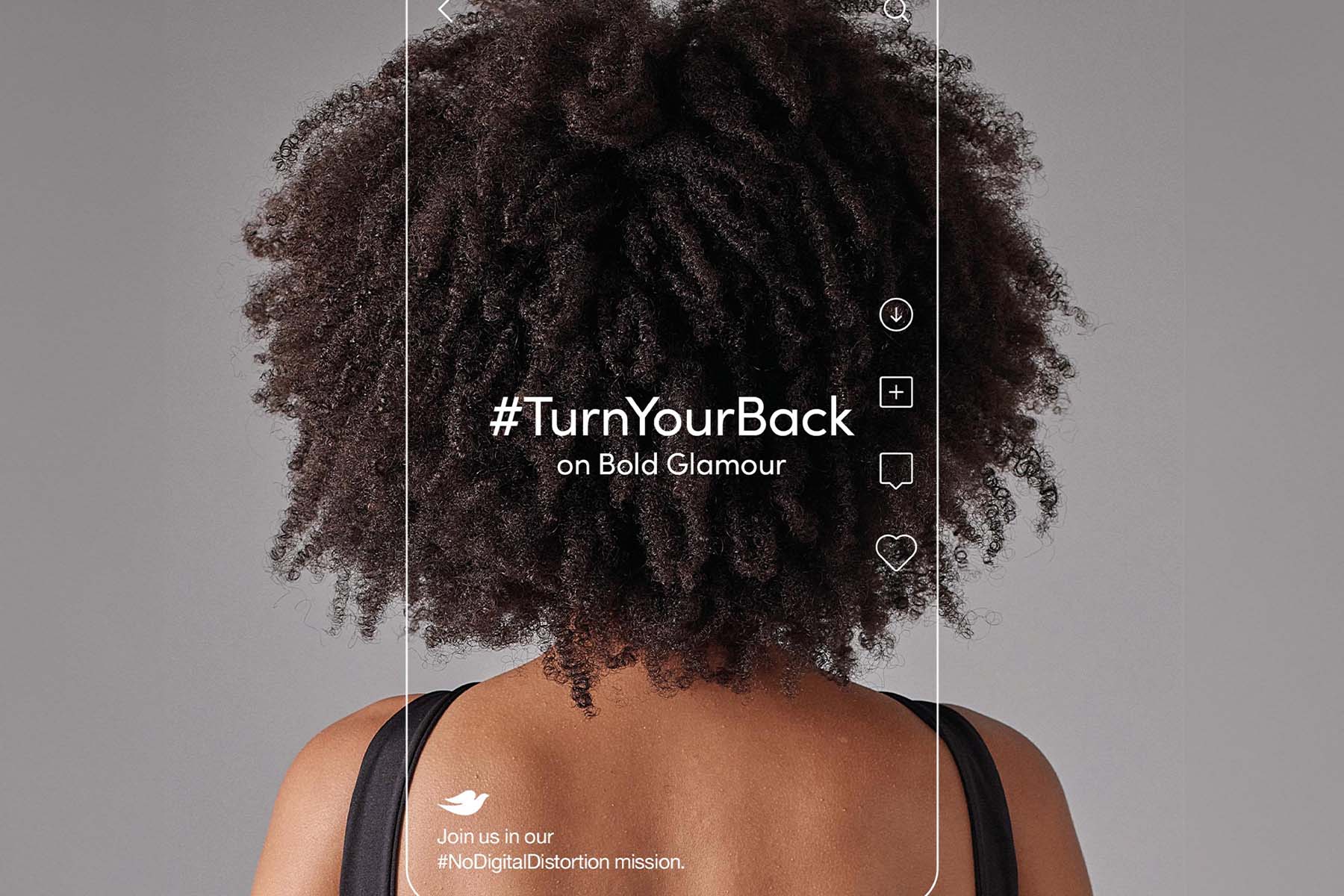 Picture of the back of a womans' head with the hashtag Turnyourback