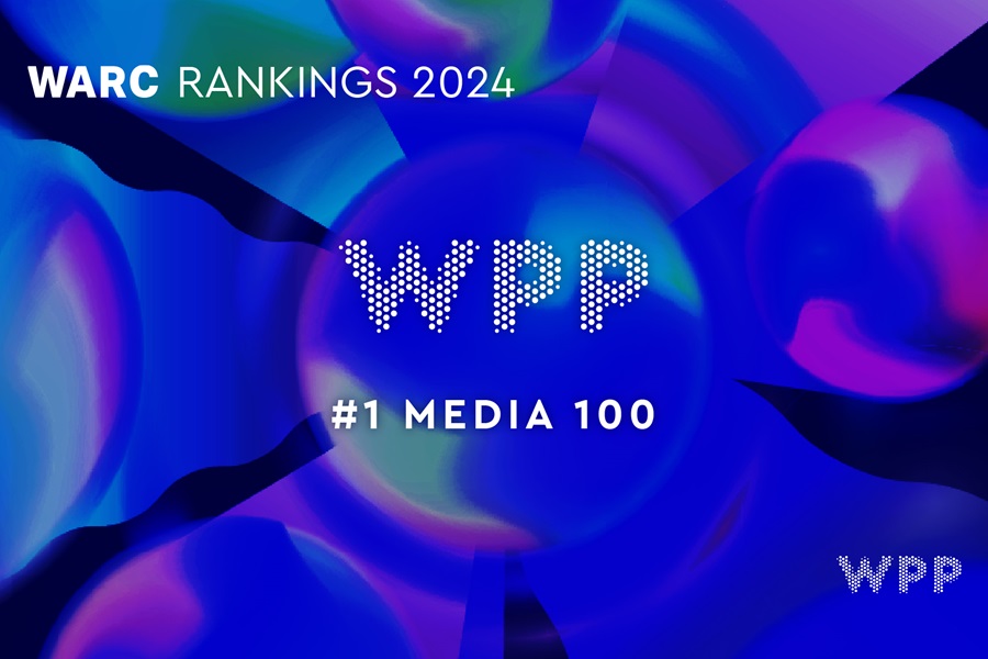 WPP logo on a blue purple and navy abstract swirling background