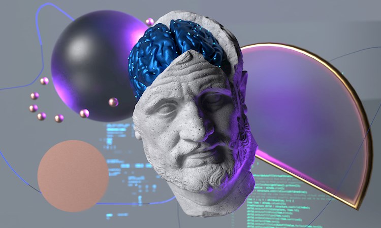 Image of statue and brights orbs representing AI