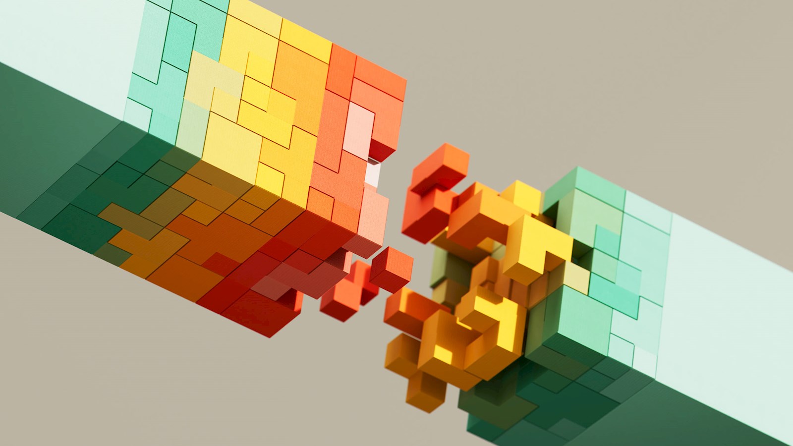 Digitally generated image of futuristic cubes, digital data flowing and network structure.
