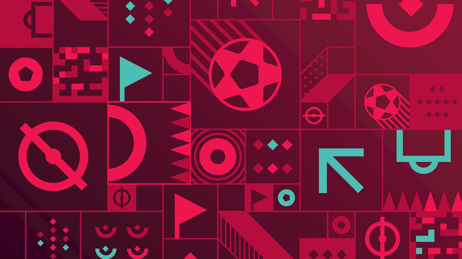 Red and turquoise graphic with footballs and icons 