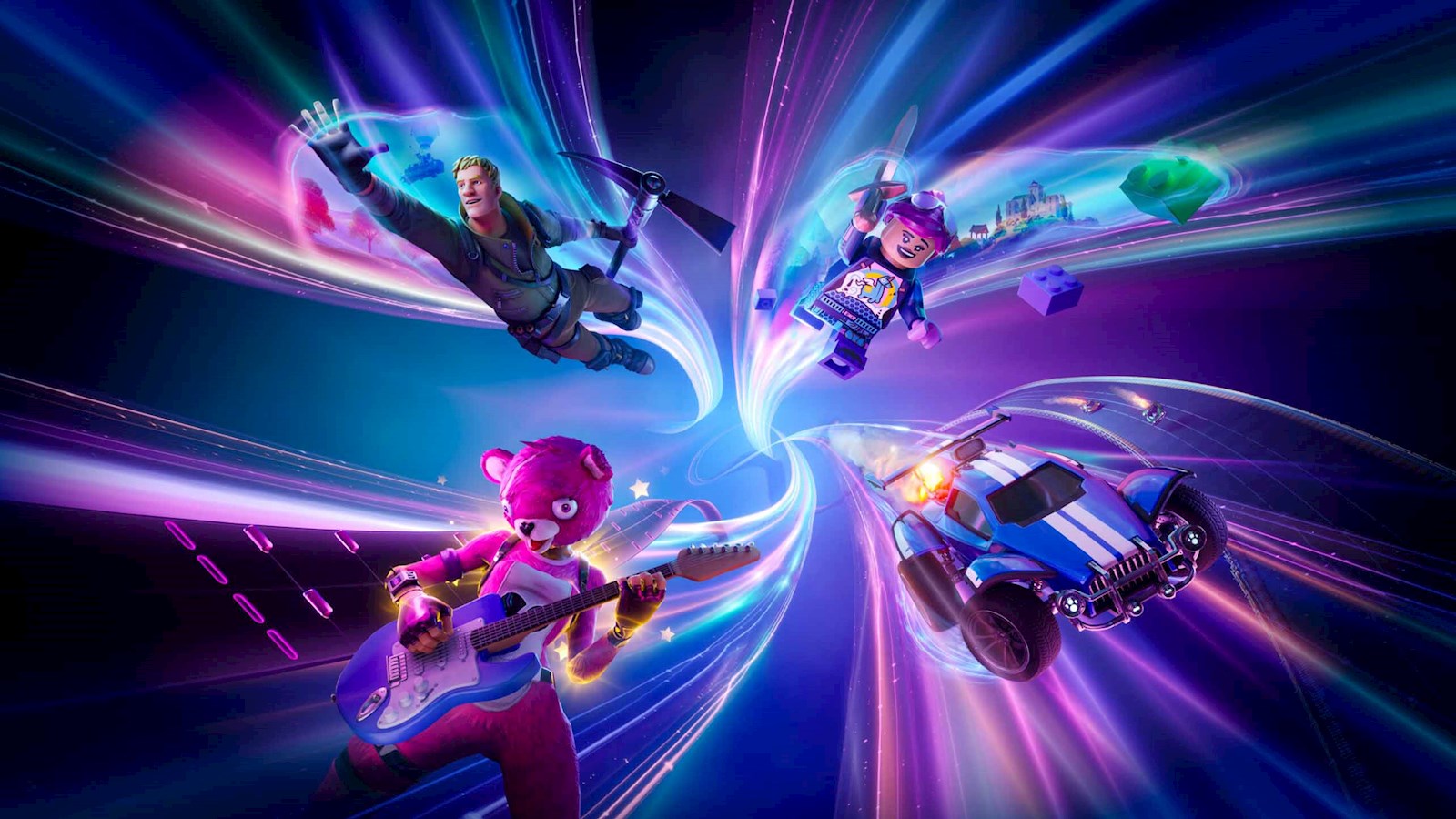 Four animated characters engaged in dynamic actions with colourful light beams against a dark background, involving flying, playing guitar, and racing.